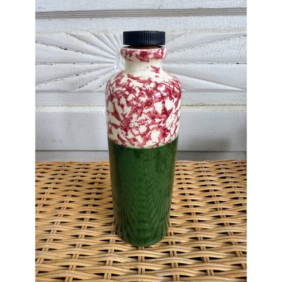 Vintage 30's Spongeware Ceramic Bottle With Cork Stopper Green Red - Picture 5 of 8